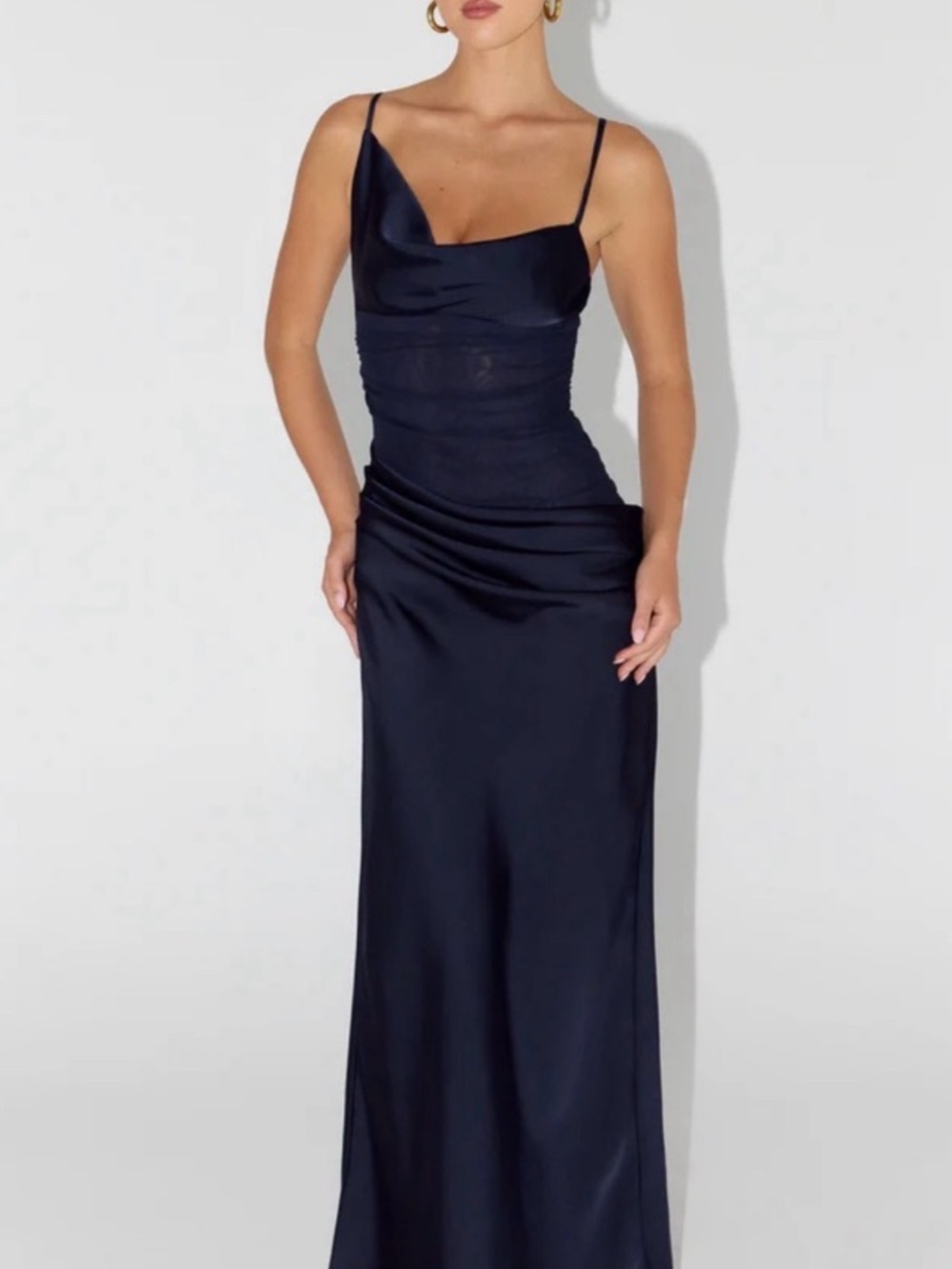 Peppermayo Navy Satin Maxi Slip Dress with Cowl Neck